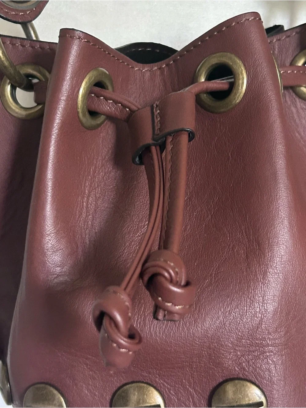Stella Bianca Brown Italian Leather Brass Studded Drawcord Bucket Crossbody Bag